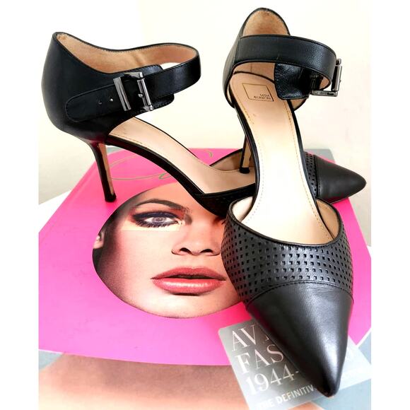 14th & Union Black Leather Perforated Pointed Toe High Heels 9 - Picture 4 of 11